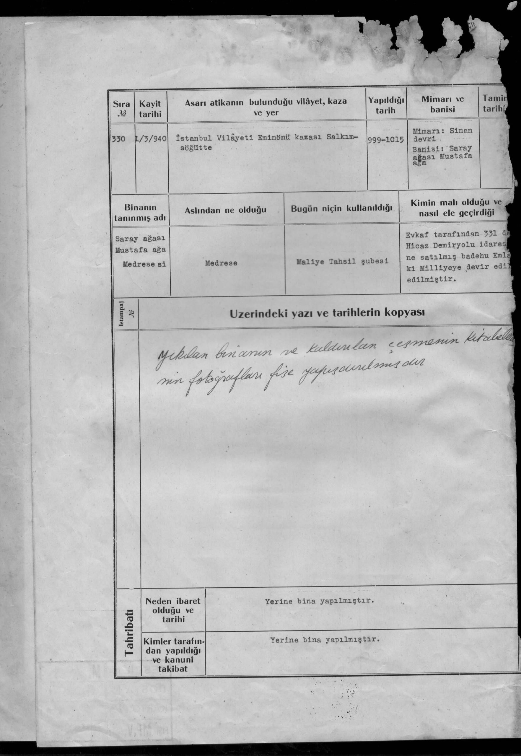SARAY AĞASI MUSTAFA AĞA MEDRESESİ — Belge
