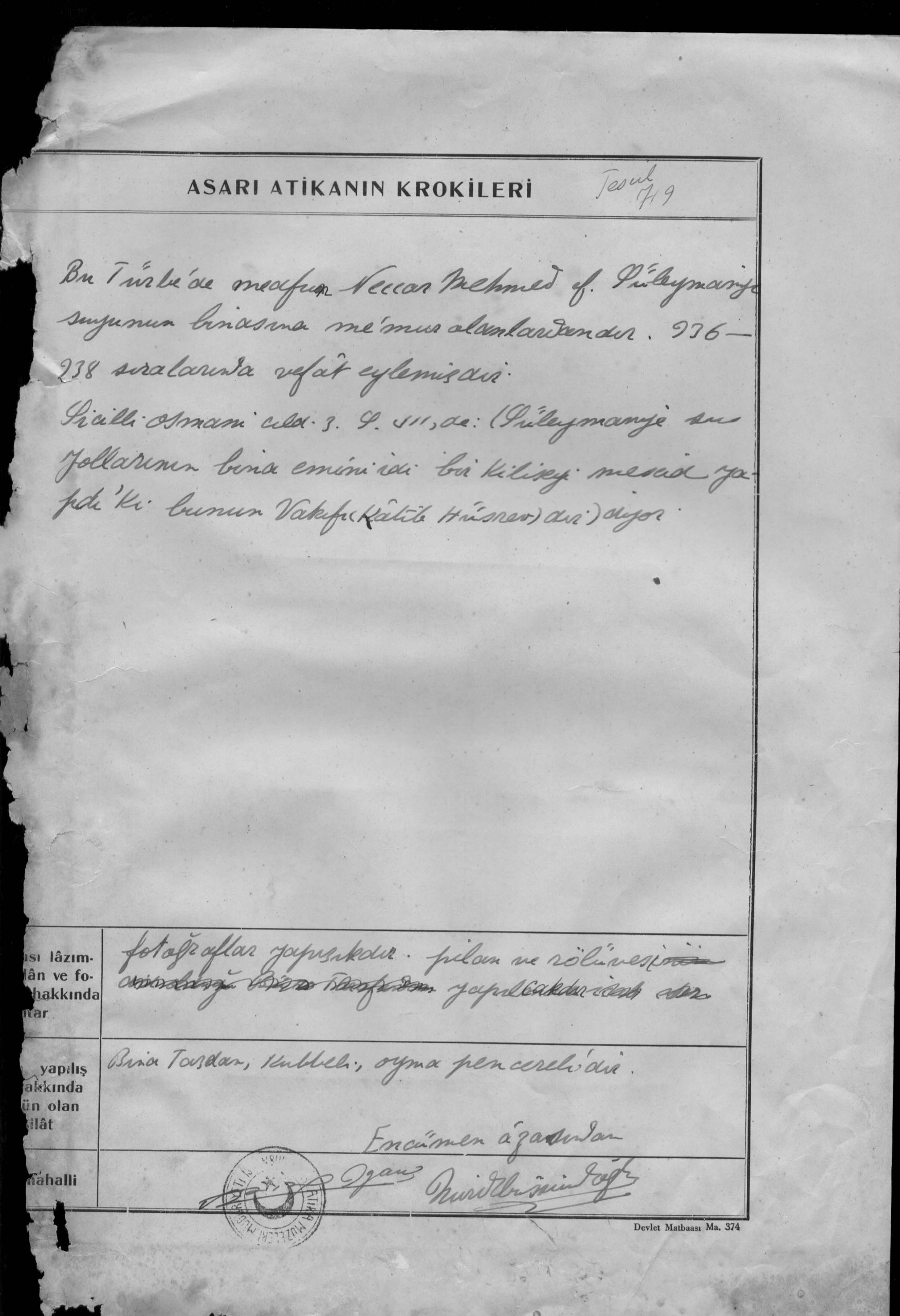 NECCAN MEHMET EFENDİ TÜRBESİ — Belge