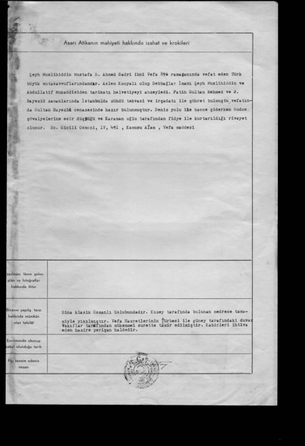 VEFA TÜRBE VE TEKKESİ — Belge