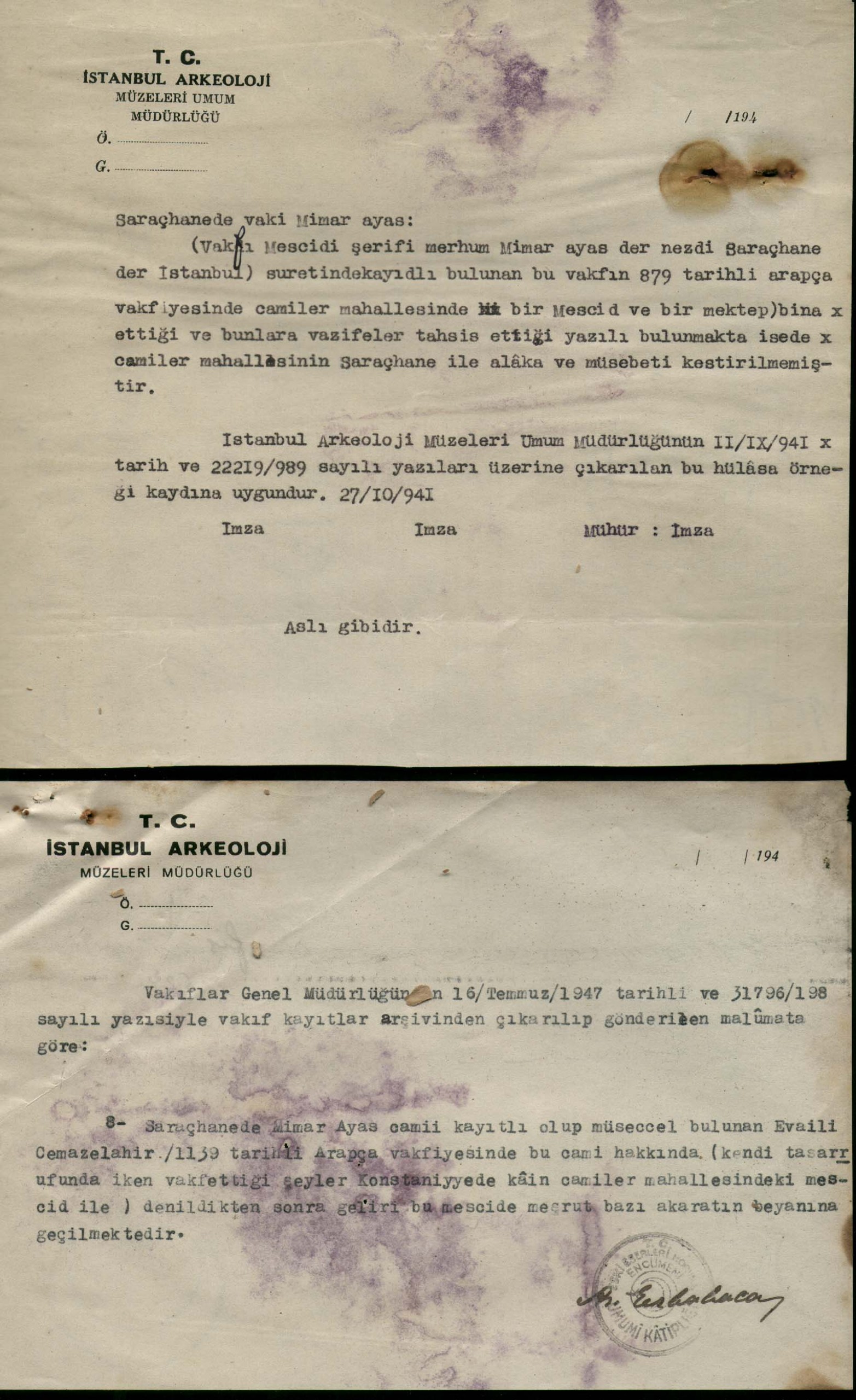 MİMAR AYAS SARAÇHANE BAŞI CAMİİ — Belge