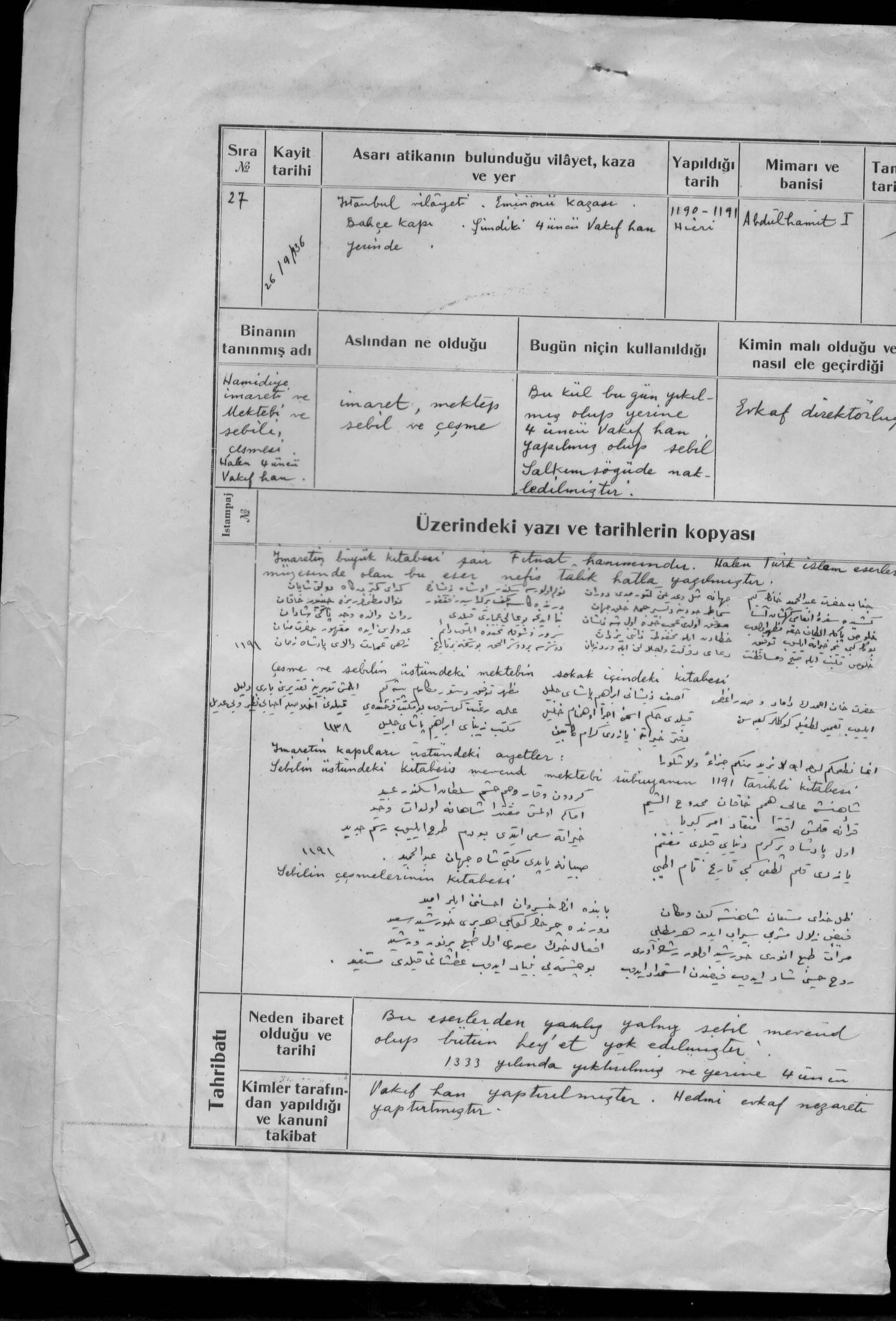 HAMİDİYEİMARETİ,MEKTEBİ,SEBİLİ, ÇEŞMESİ,4.VAKIF HAN — Belge