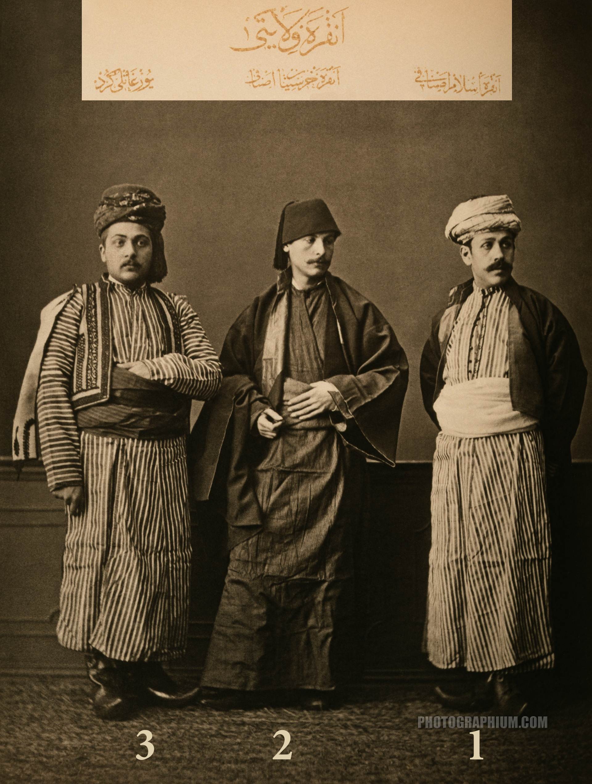 clothing from province of ankara ottoman state. 1-muslim artisan of ankara 2-christian artisan of ankara 3-kurdish man from yozgat. istanbul 1873