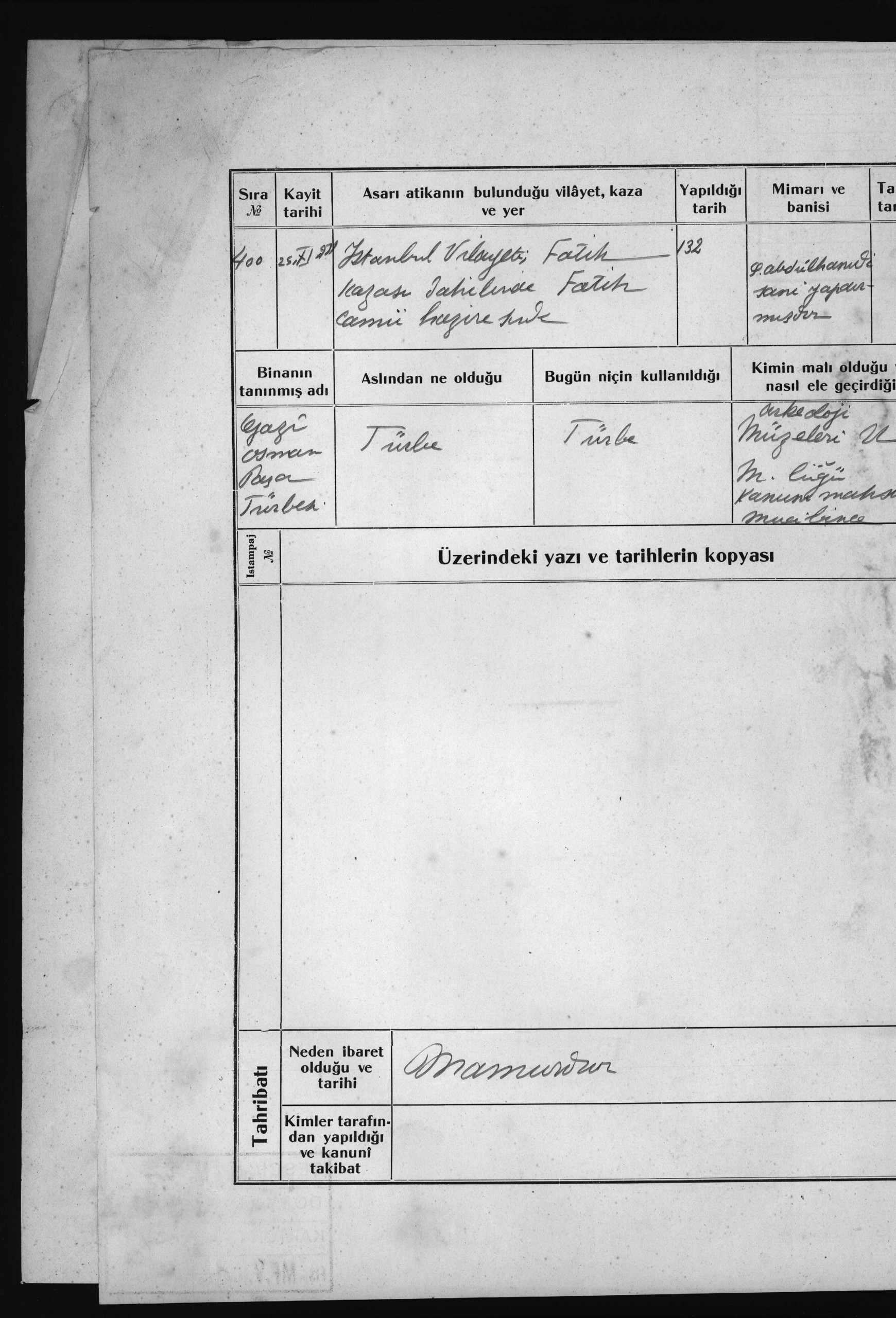 GAZİ OSMAN PAŞA TÜRBESİ — Belge