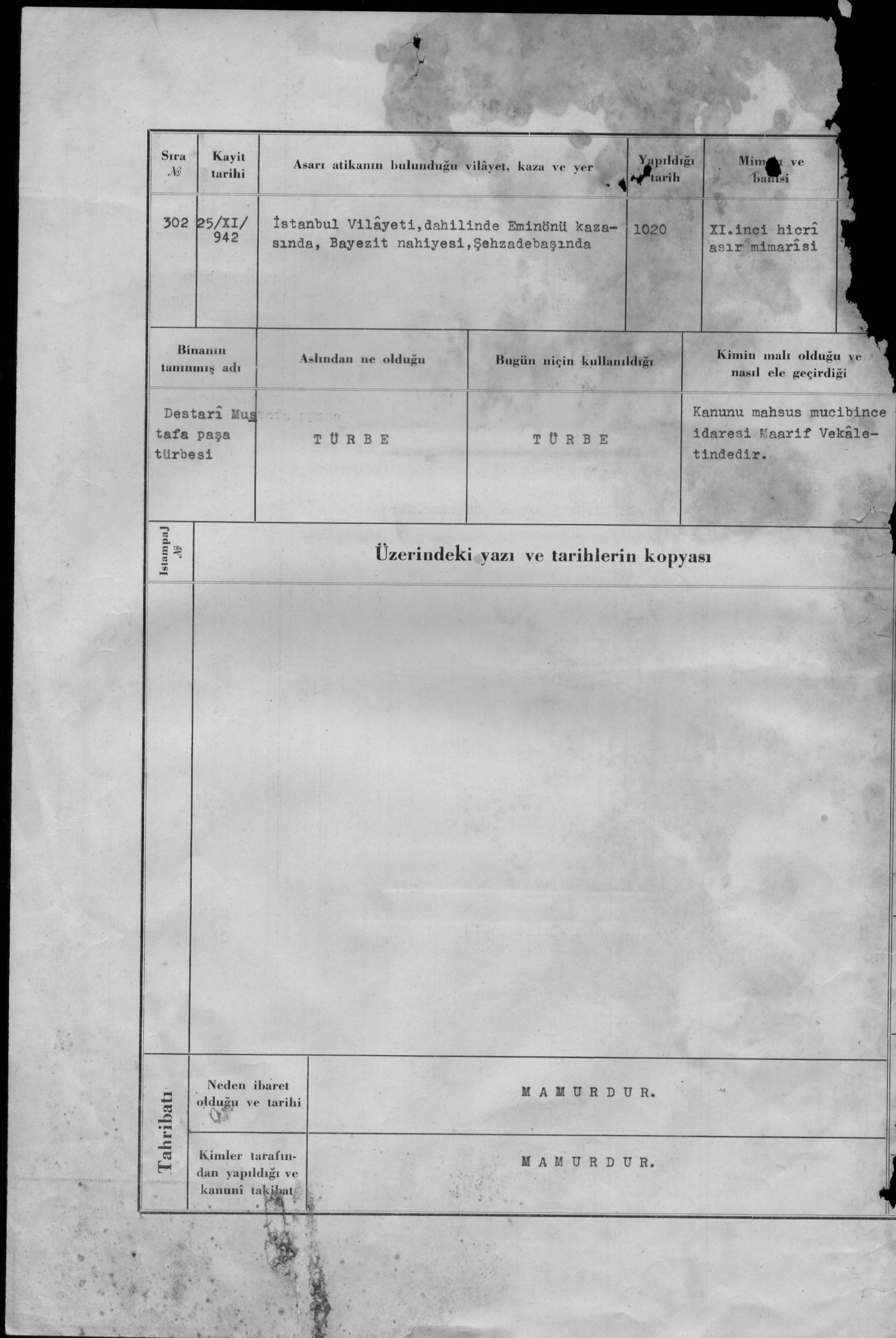 DESTARİ MUSTAFA PAŞA TÜRBESİ — Belge