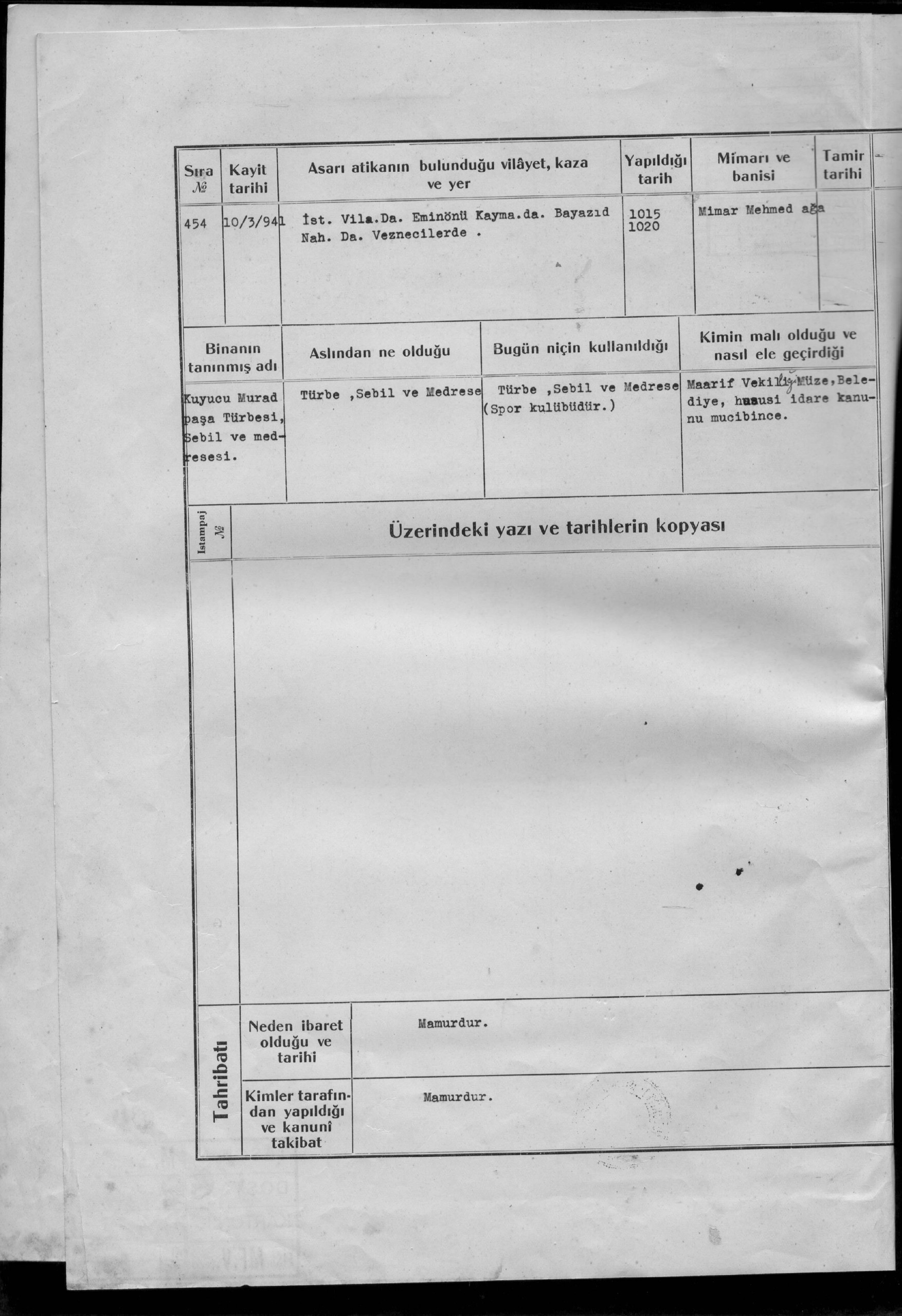 KUYUCU MURADPAŞA TÜRBESİ, SEBİL VE MEDRESESİ — Belge