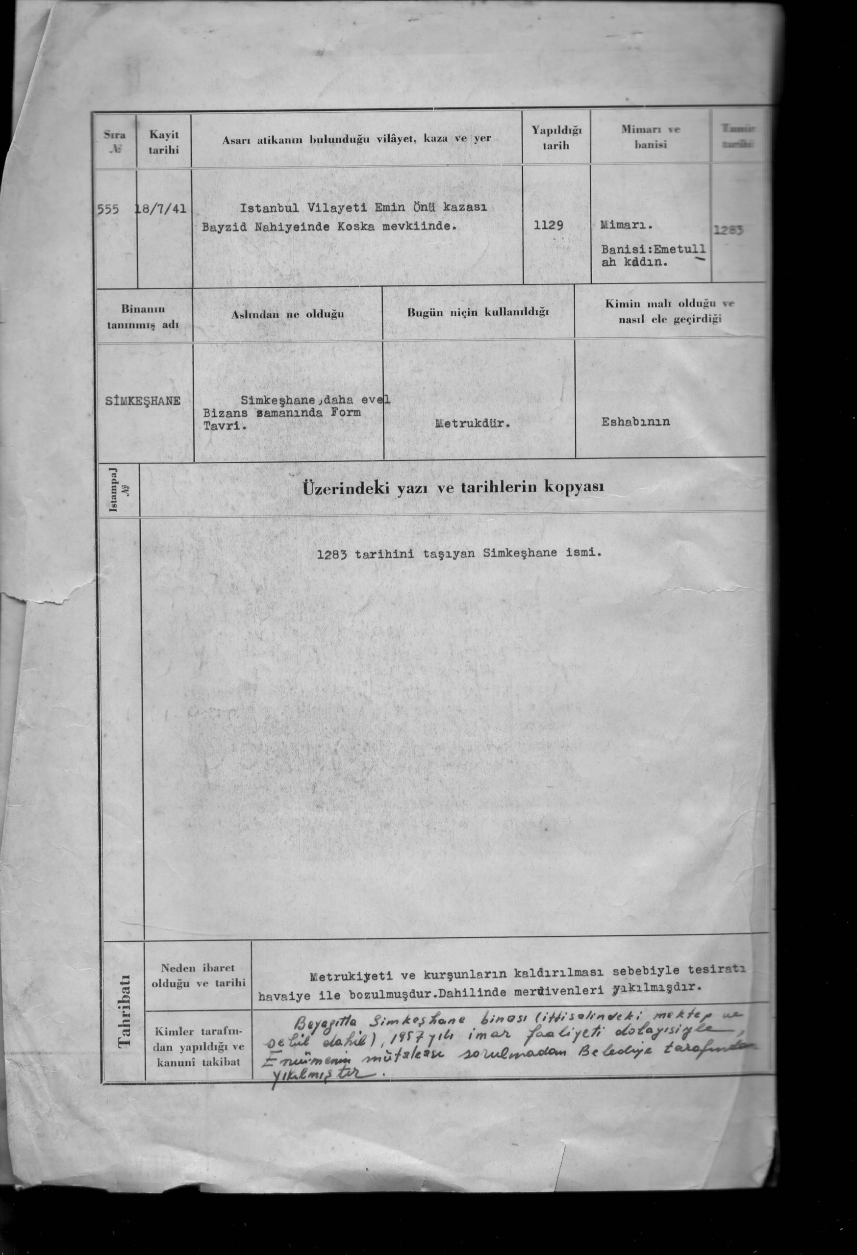 SİMKEŞHANE — Belge