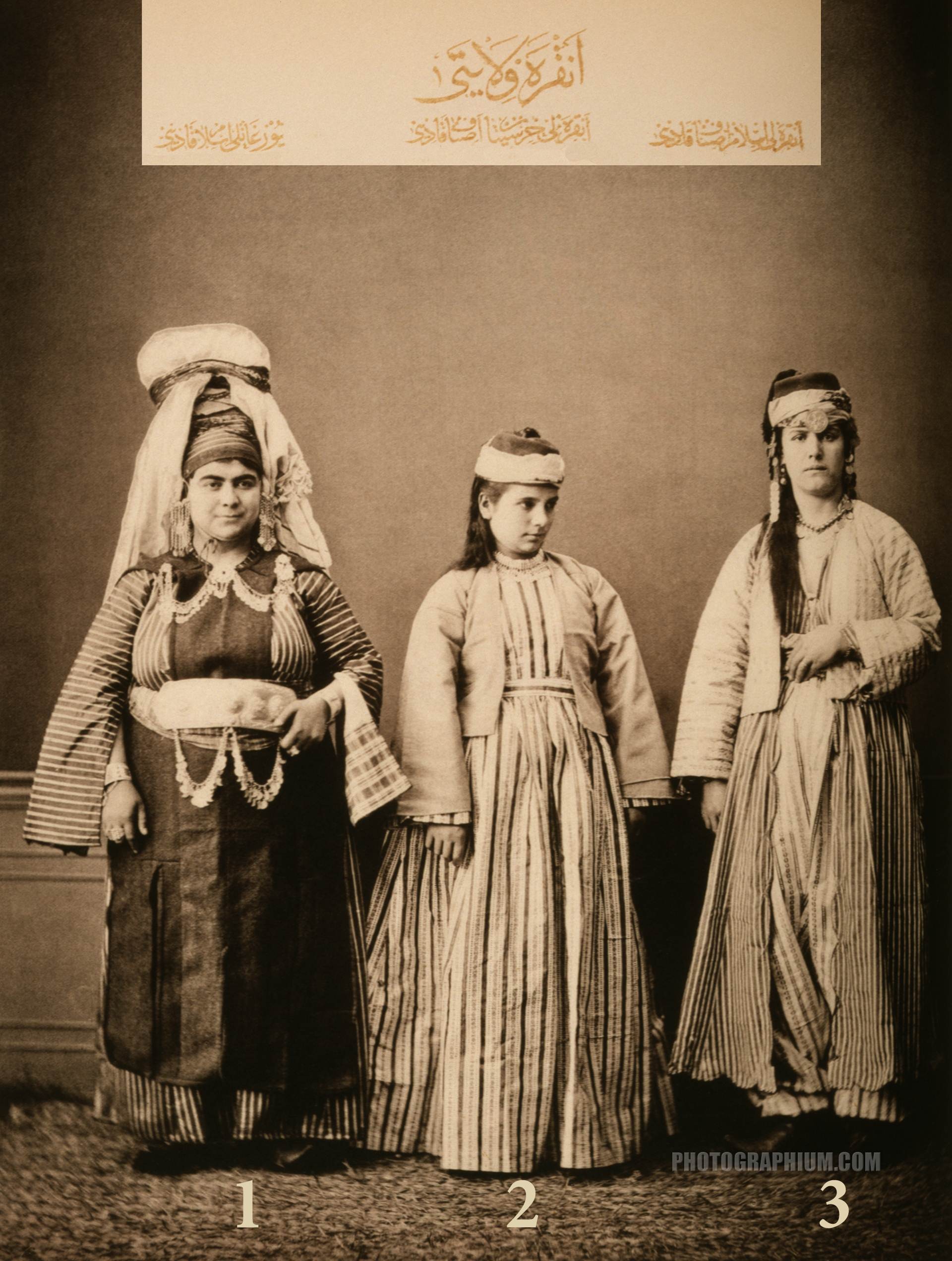 clothing from province of ankara ottoman state. 1-woman from yozgat 2-wife of a christian artisan of ankara 3-wife of a muslim artisan of ankara. istanbul 1873