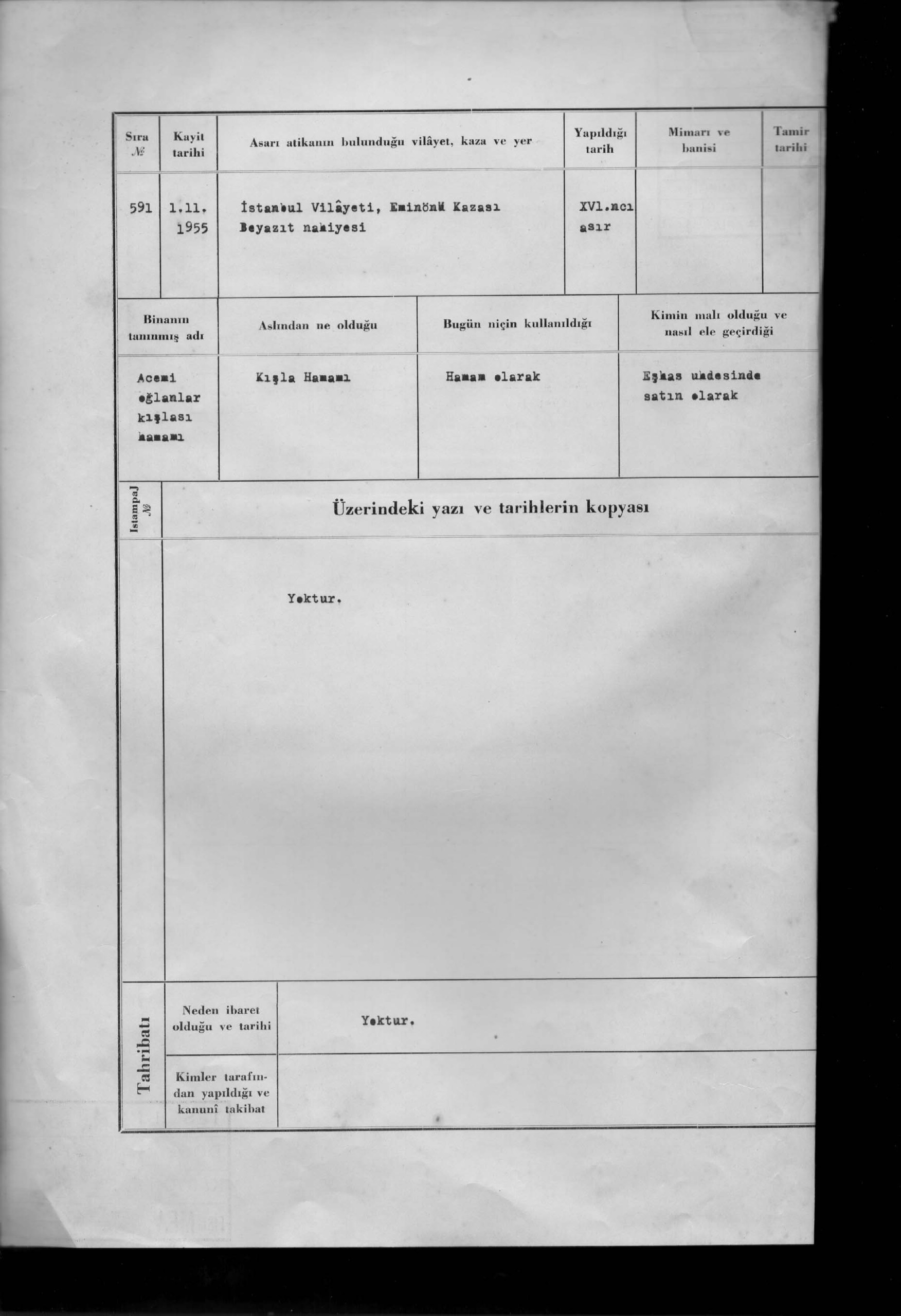ACEMİ OĞLANLAR KIŞLASI HAMAMI — Belge