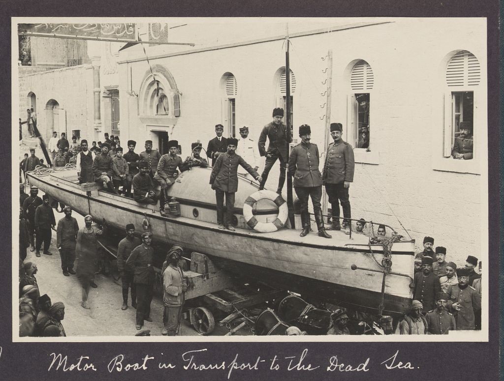 Motor boat in transport to the Dead Sea, 1917