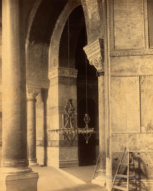 view of arcade in ayasofya mosque formerly the church of hagia sophia. istanbul. 1888-1910