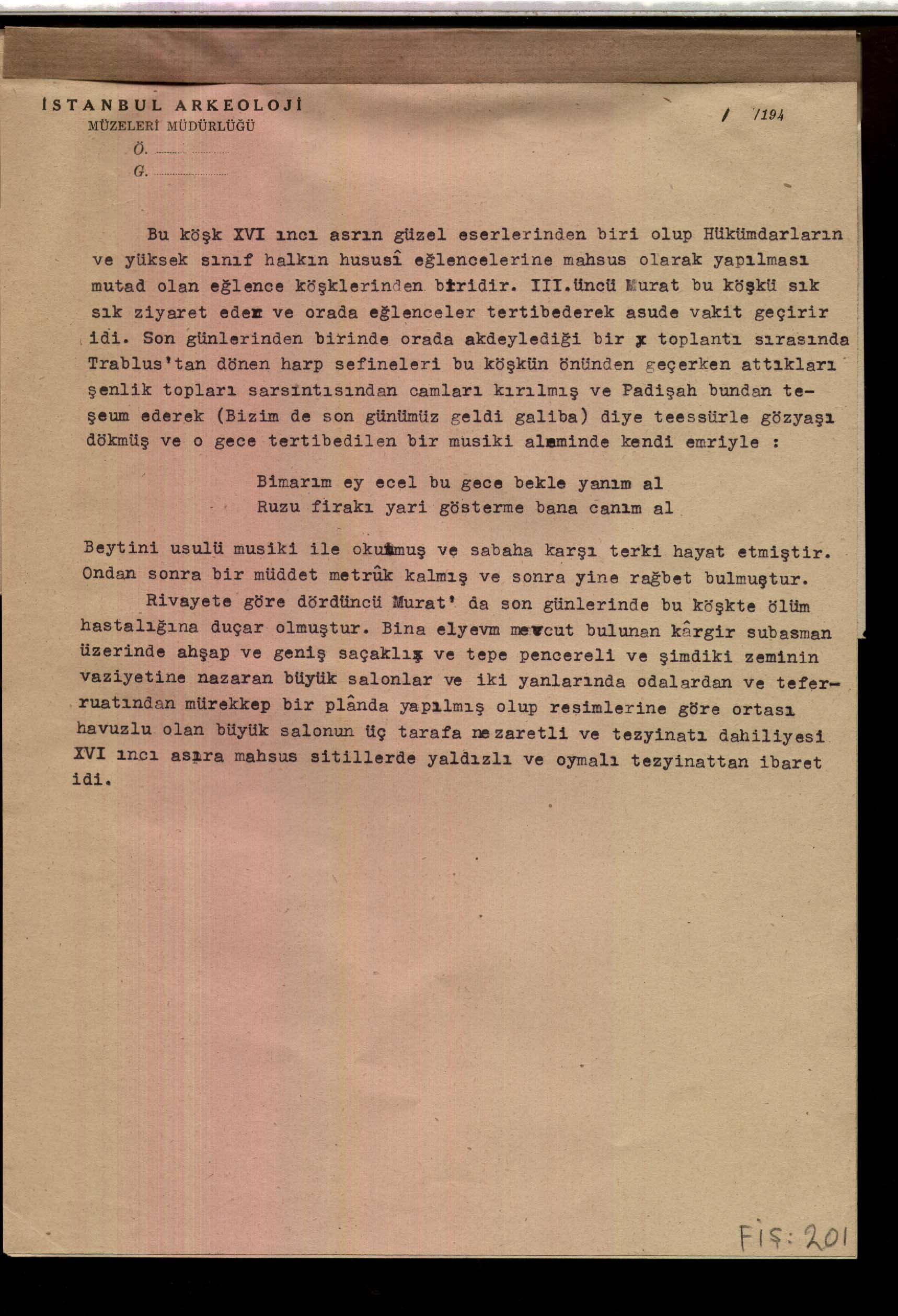 SİNAN PAŞA KÖŞKÜ ÇEŞMESİ — Belge