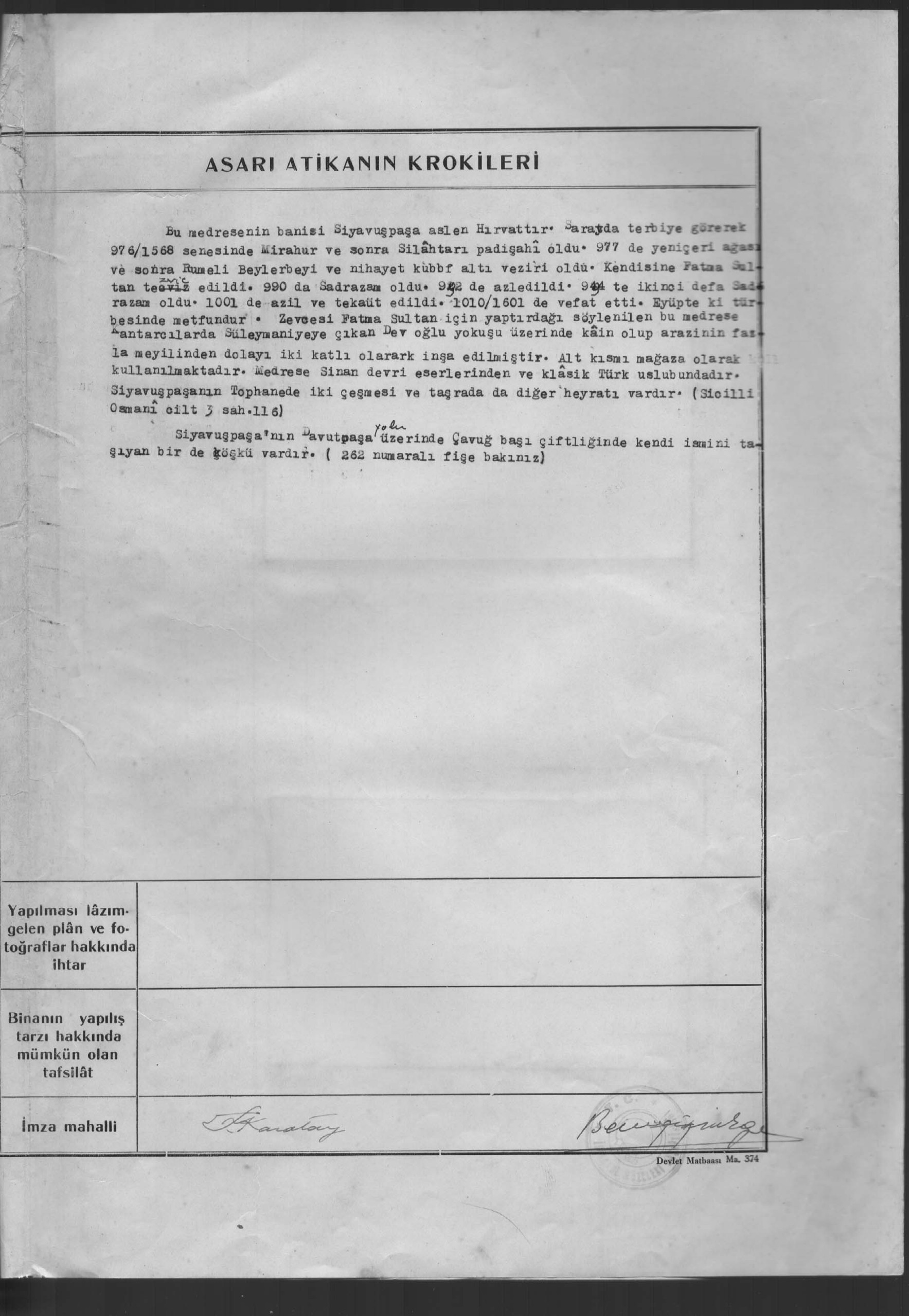 SİYAVUŞPAŞA MEDERESESİ — Belge