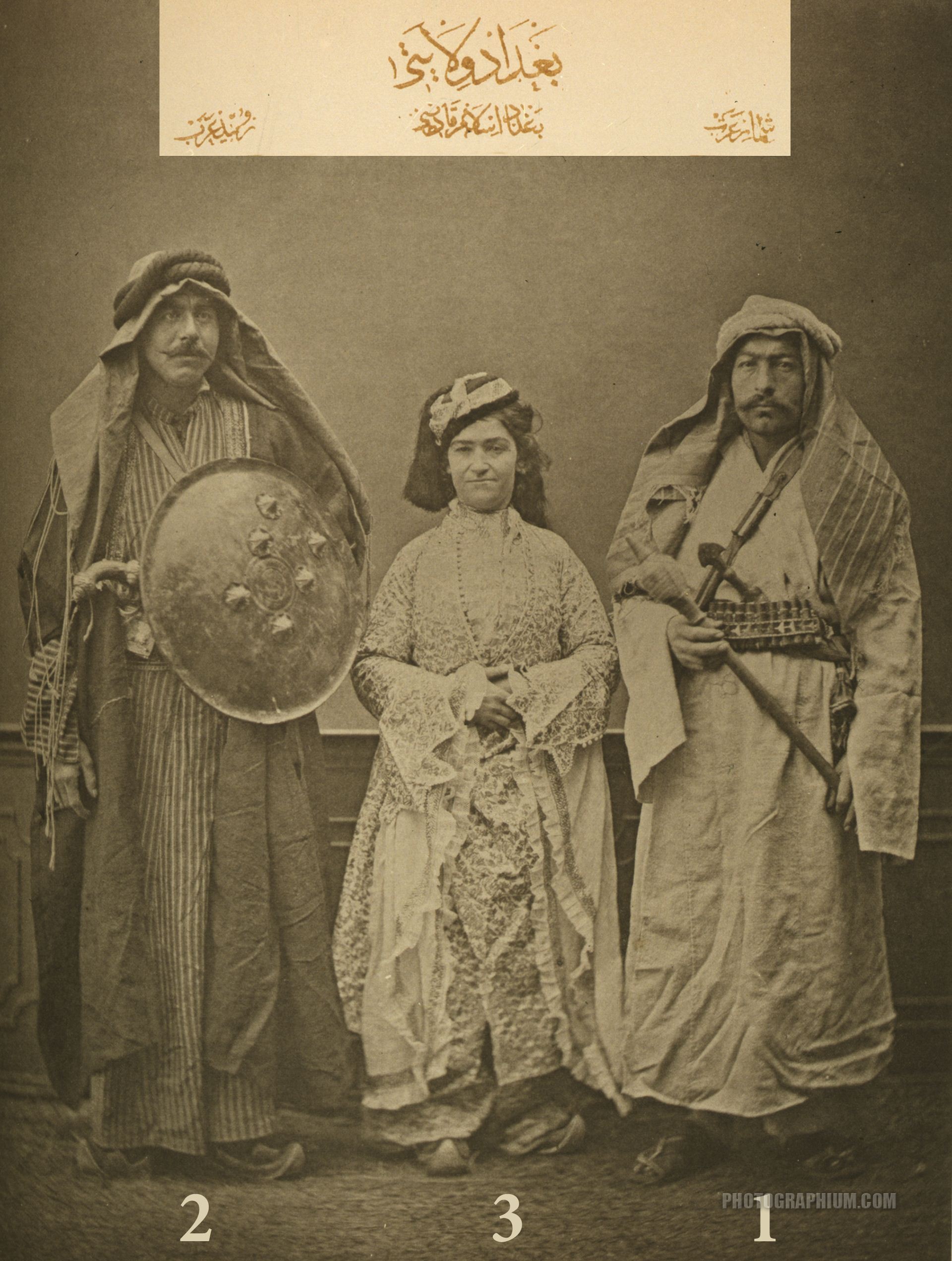 clothing from baghdad ottoman empire. 1873. 1-arab of the shammar tribe 2-arab of the zobeid tribe 3-married muslim woman of ba