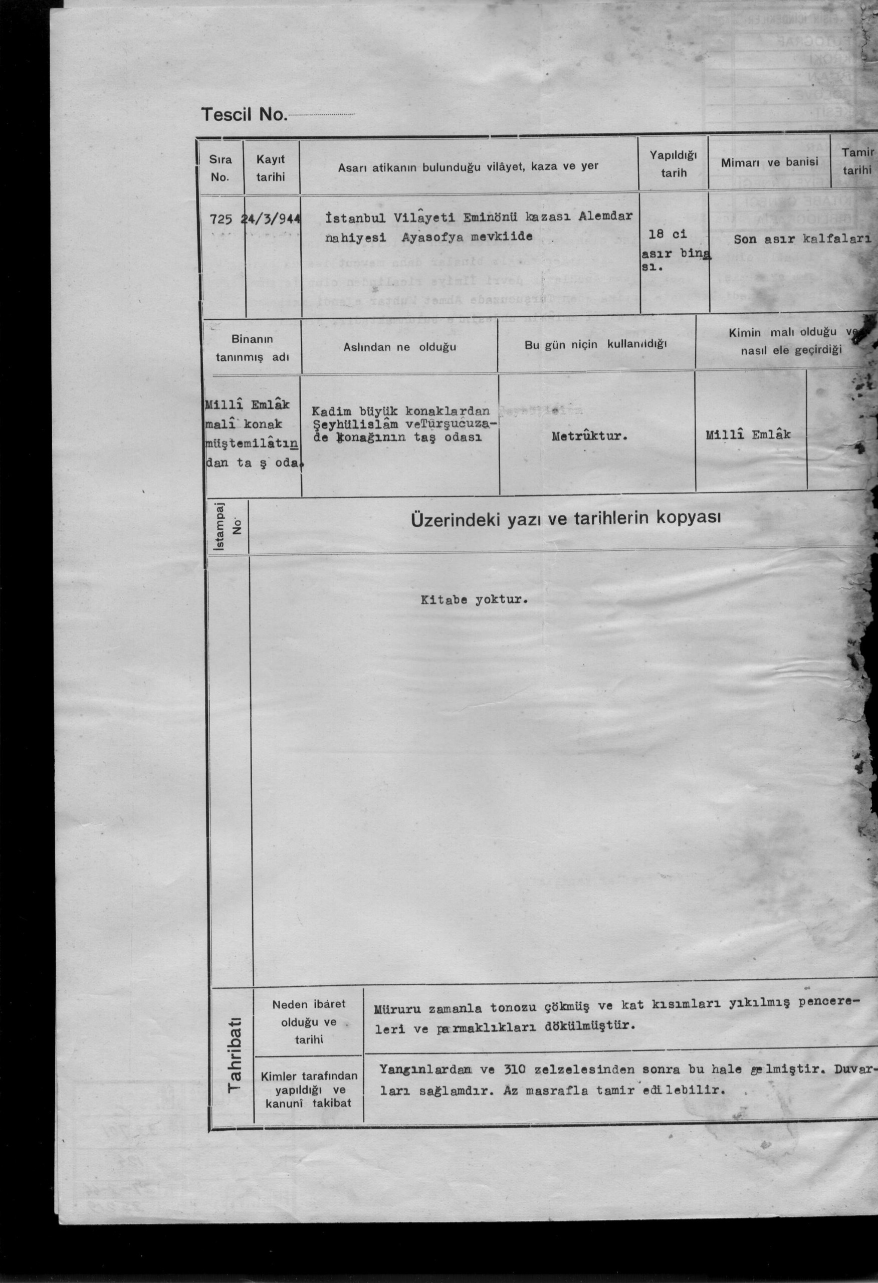 MİLLİ EMLAK MALİ KONAK MÜŞTEMİLATINDAN TAŞ ODA — Belge