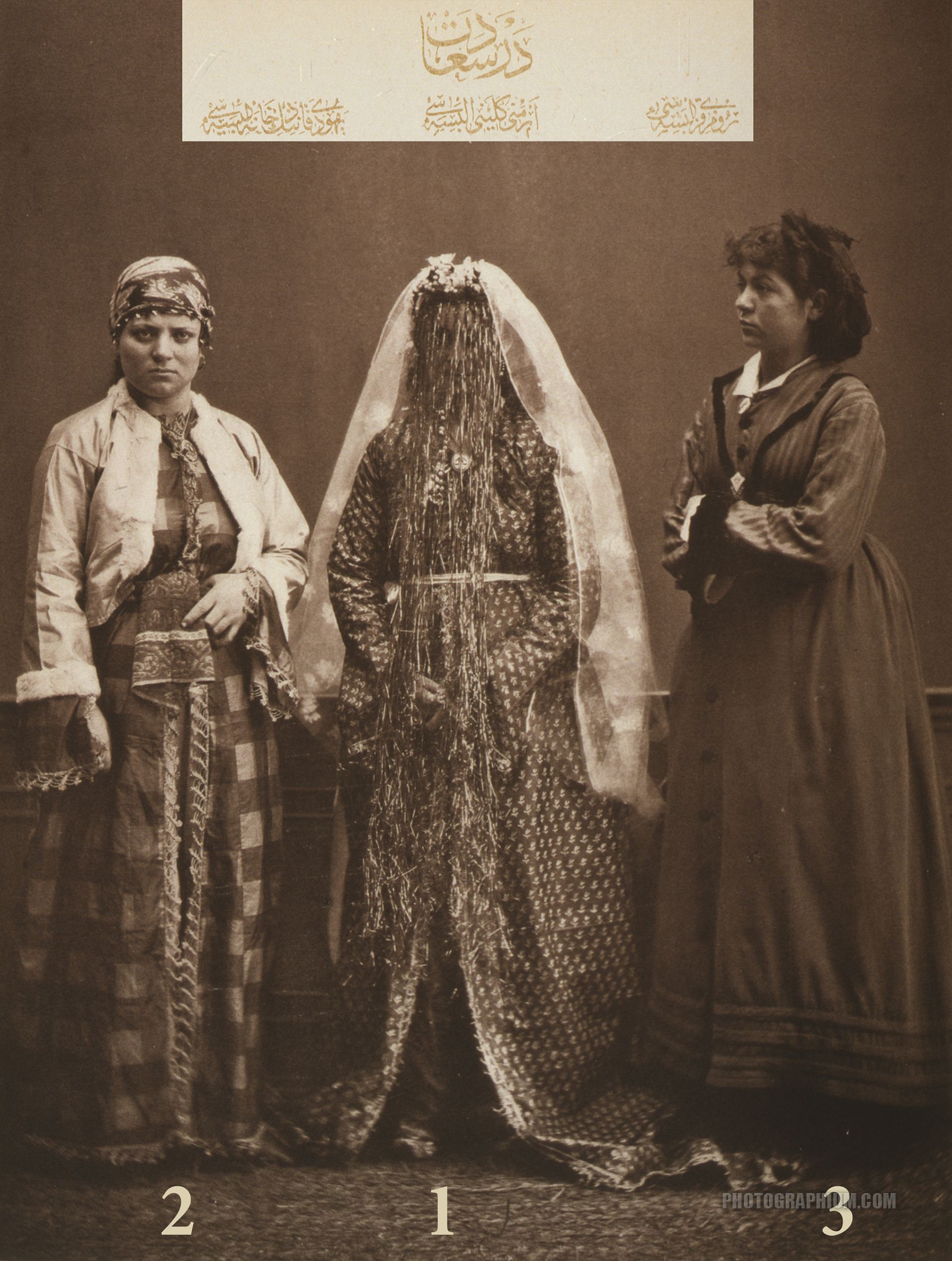 clothing from istanbul ottoman empire. 1873. 1-armenian bride 2-jewish woman of constantinople 3-young greek girl
