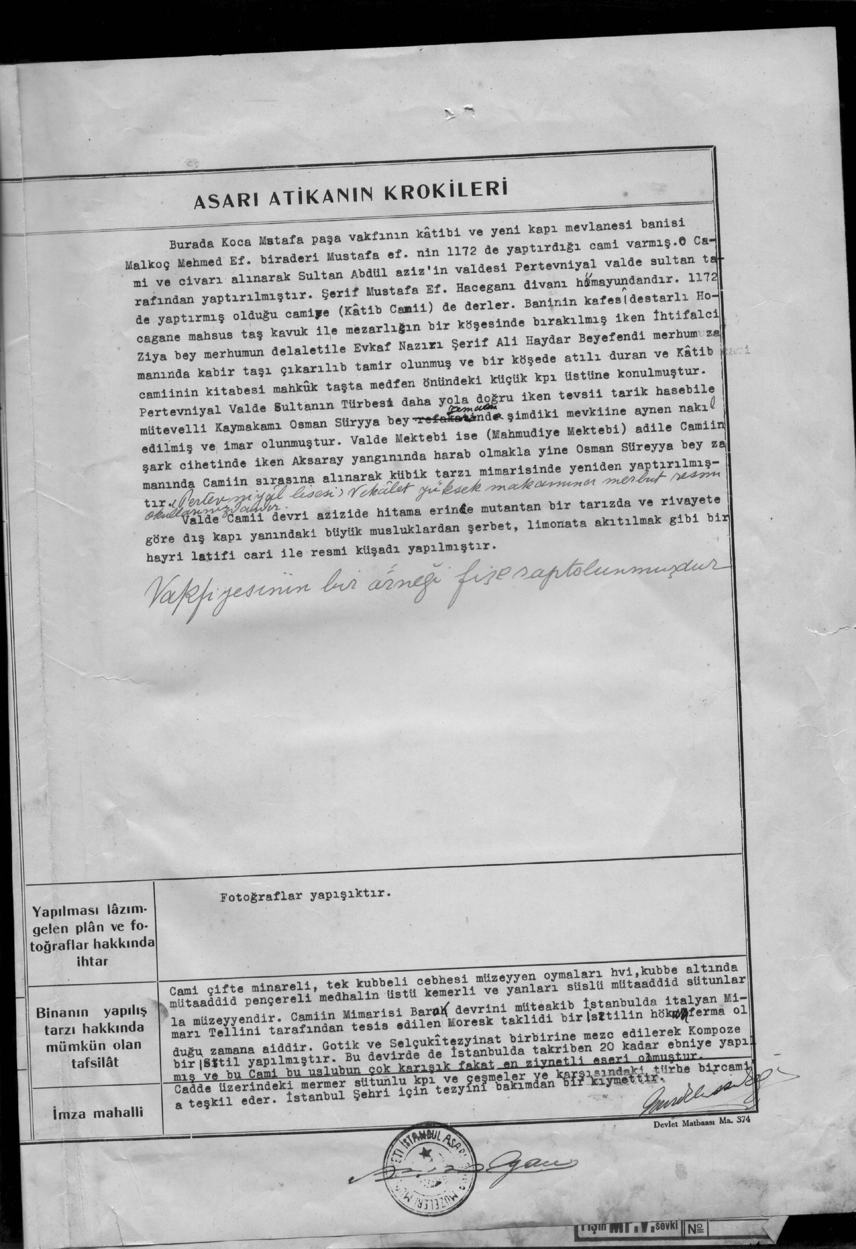 PERTEVNİYAL VALDE SULTAN CAMİİ VE  MÜŞTEMİLATI — Belge