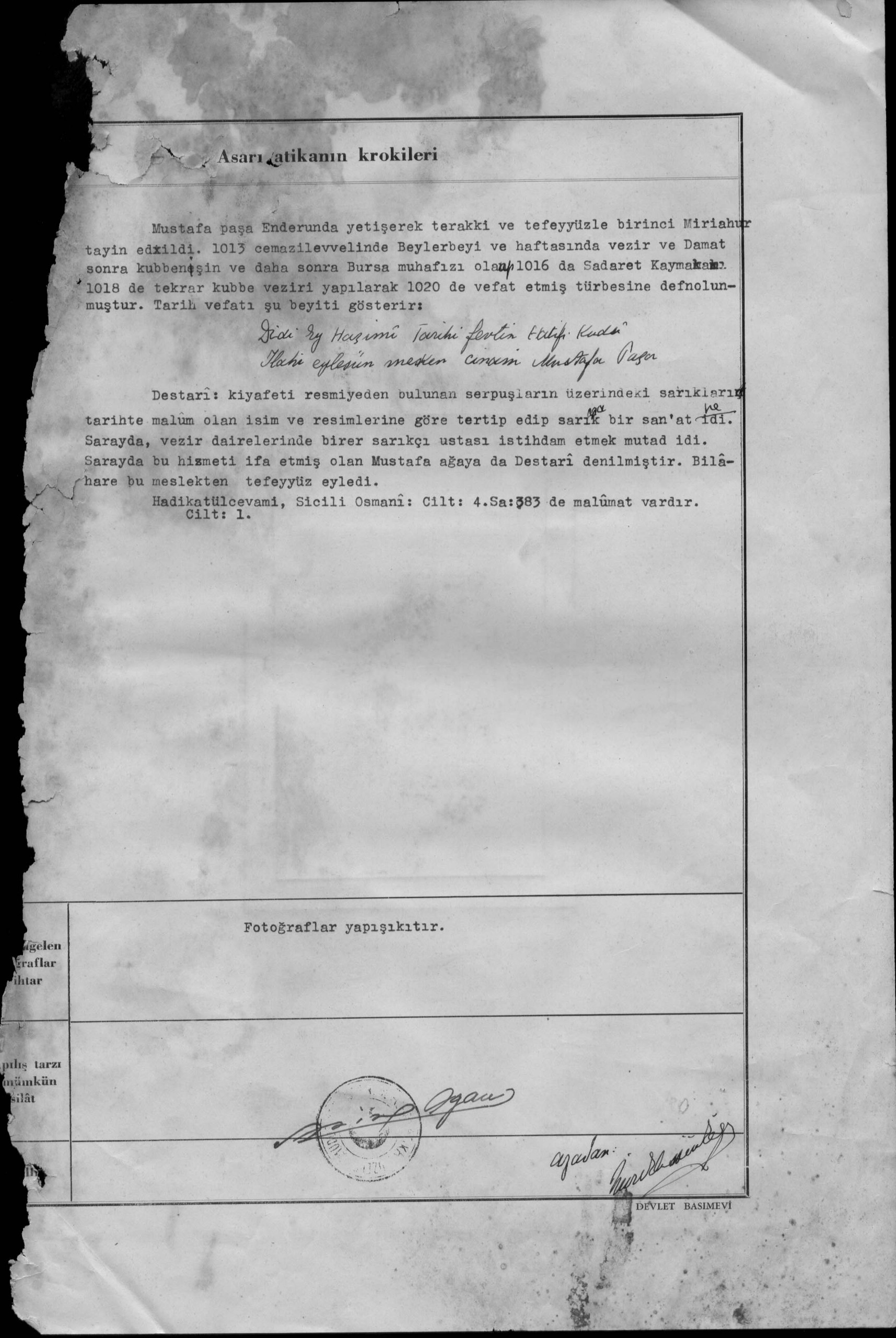 DESTARİ MUSTAFA PAŞA TÜRBESİ — Belge