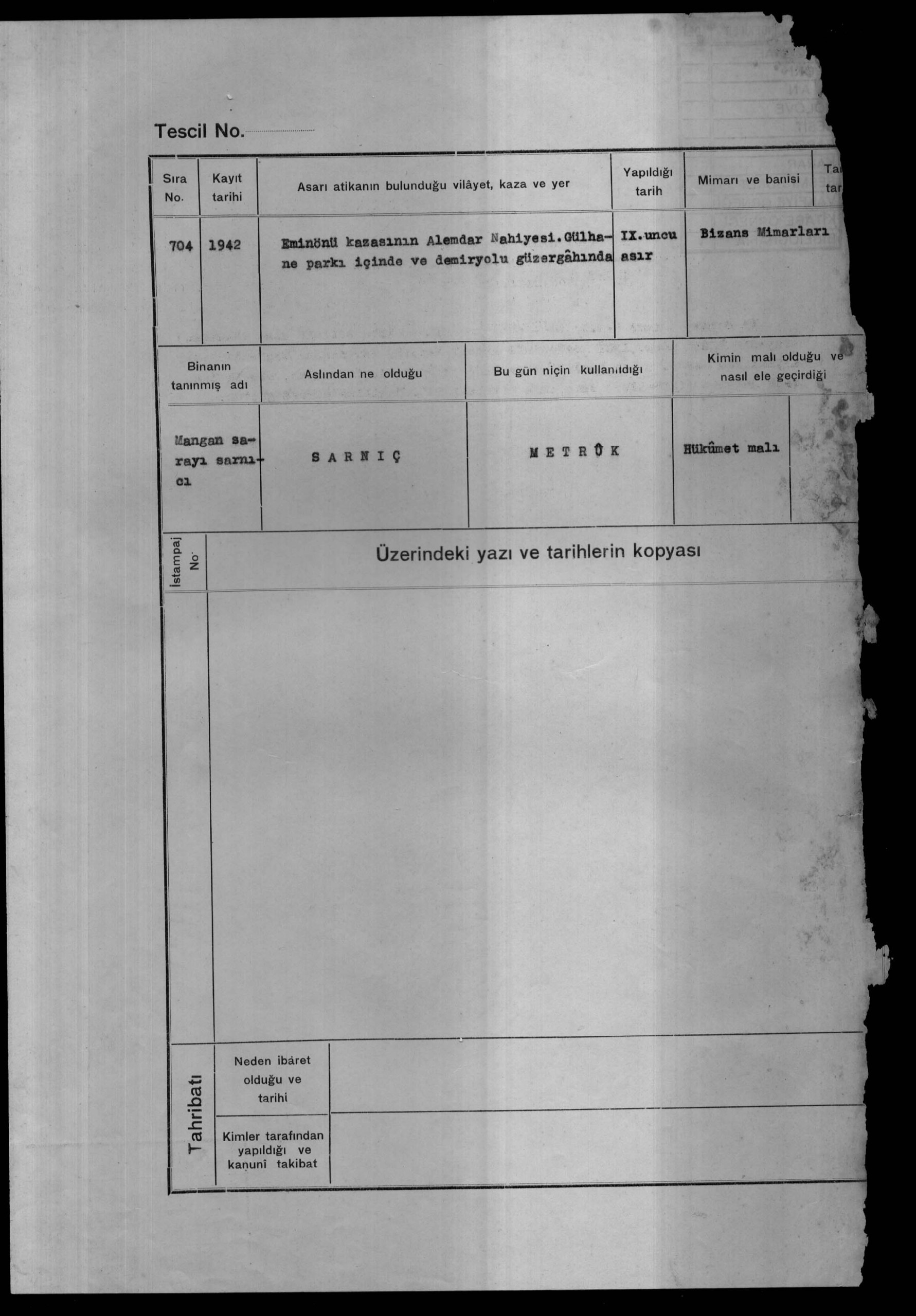 MANGAN SARAYI SARNICI — Belge