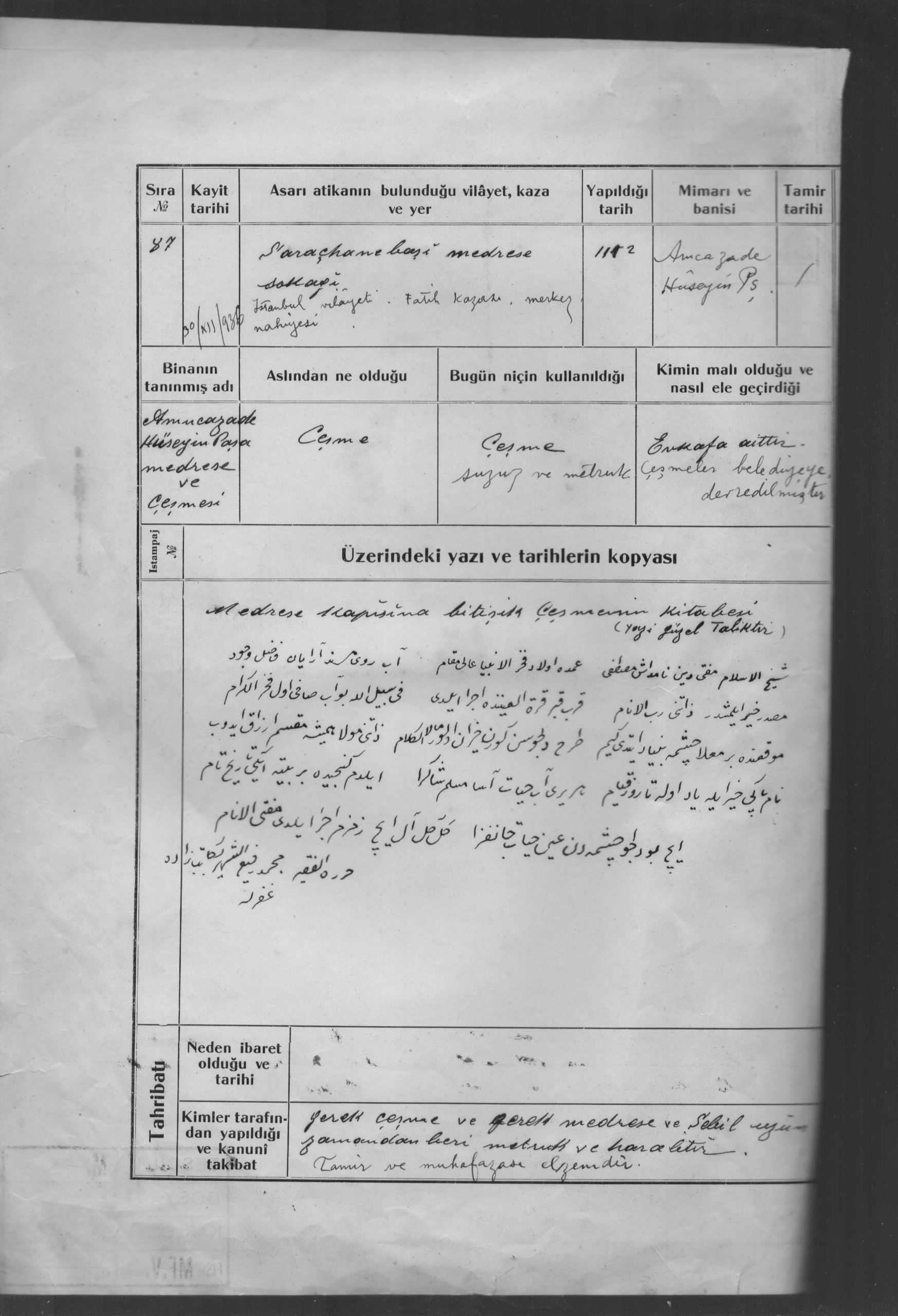 AMCAZADE HÜSEYİN PAŞA MEDRESE VE ÇEŞMESİ — Belge