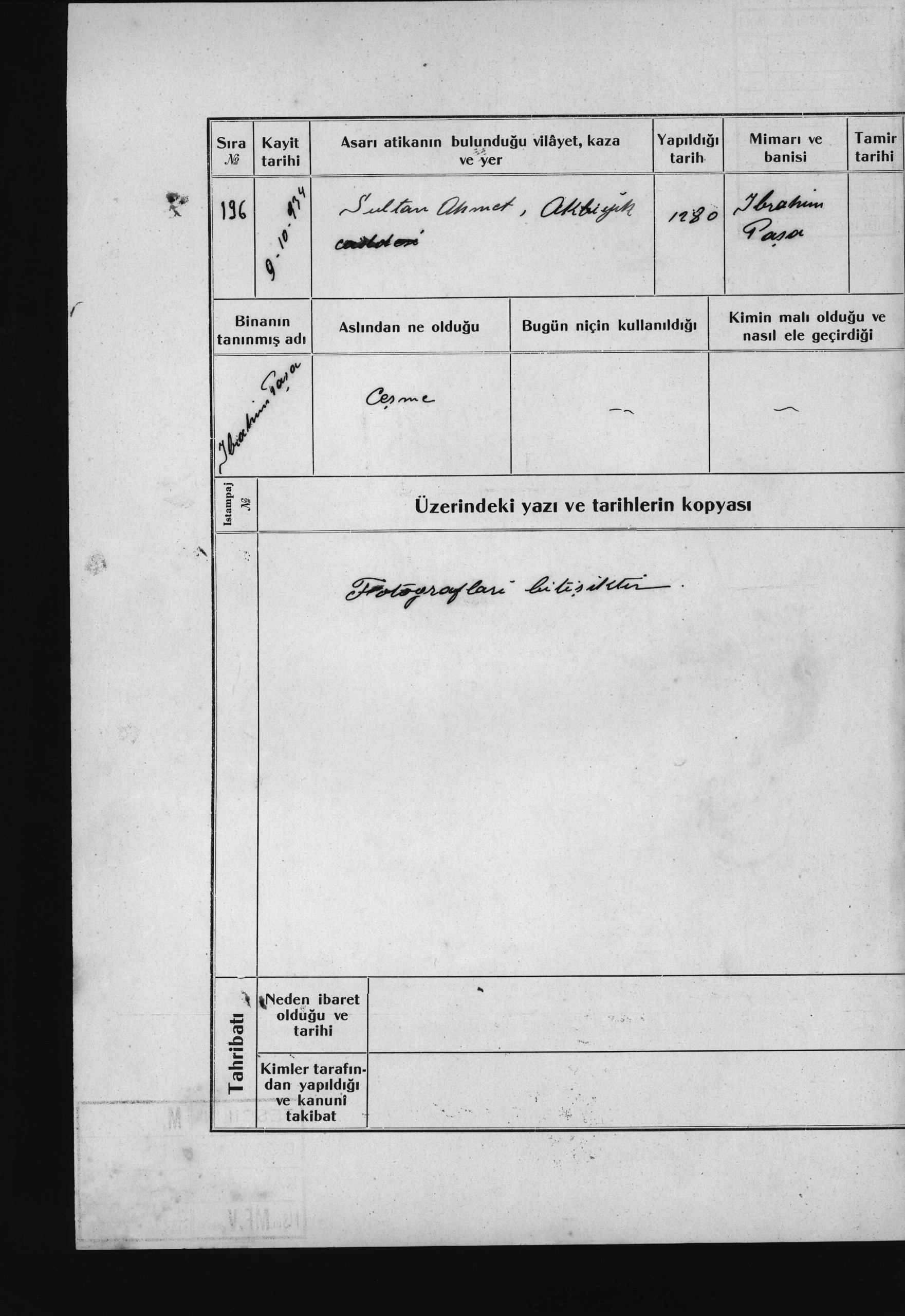 İBRAHİM PAŞA ÇEŞME — Belge