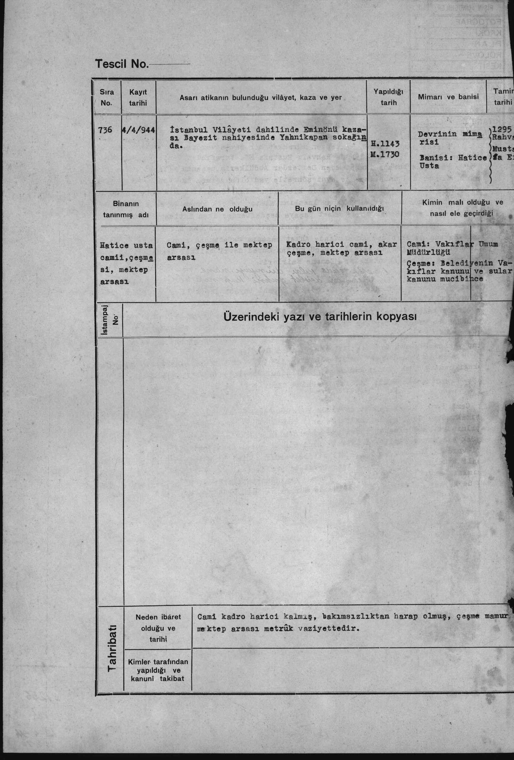 HATİCE USTA CAMİ,ÇEŞME,MEKTEP ARSASI — Document