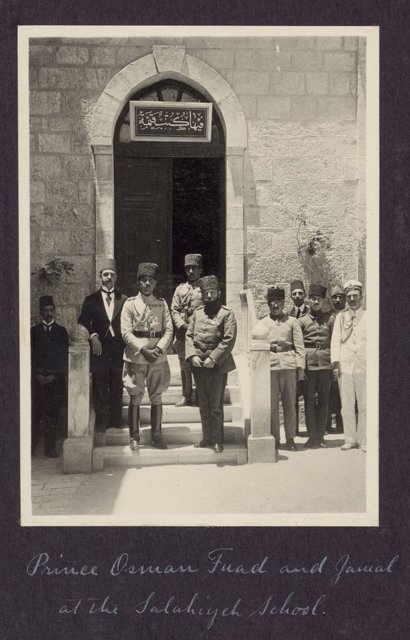 Prince Osman Fuad and Jamal [Cemal] at the Salahiyeh School [Jerusalem], 1917