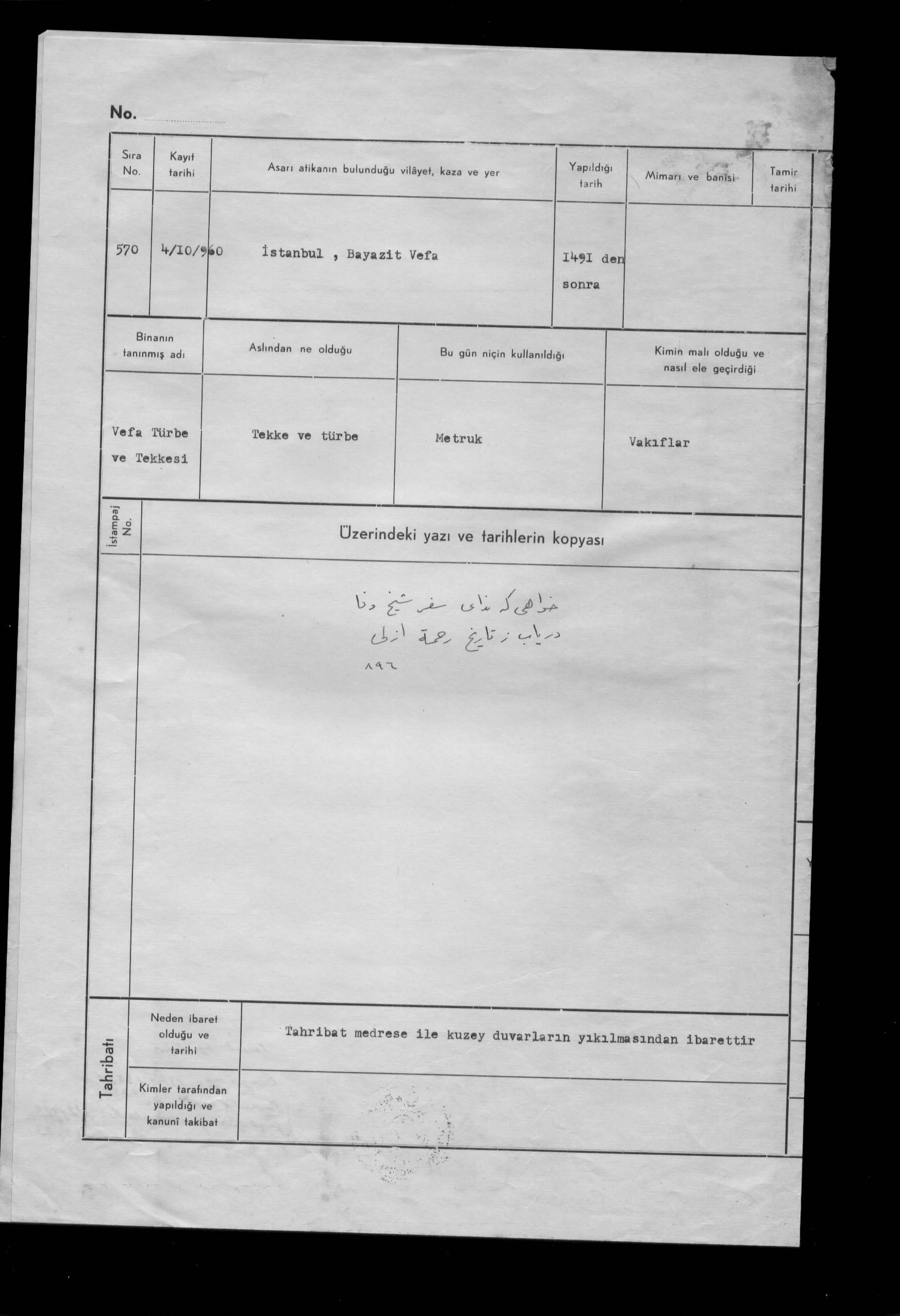 VEFA TÜRBE VE TEKKESİ — Belge