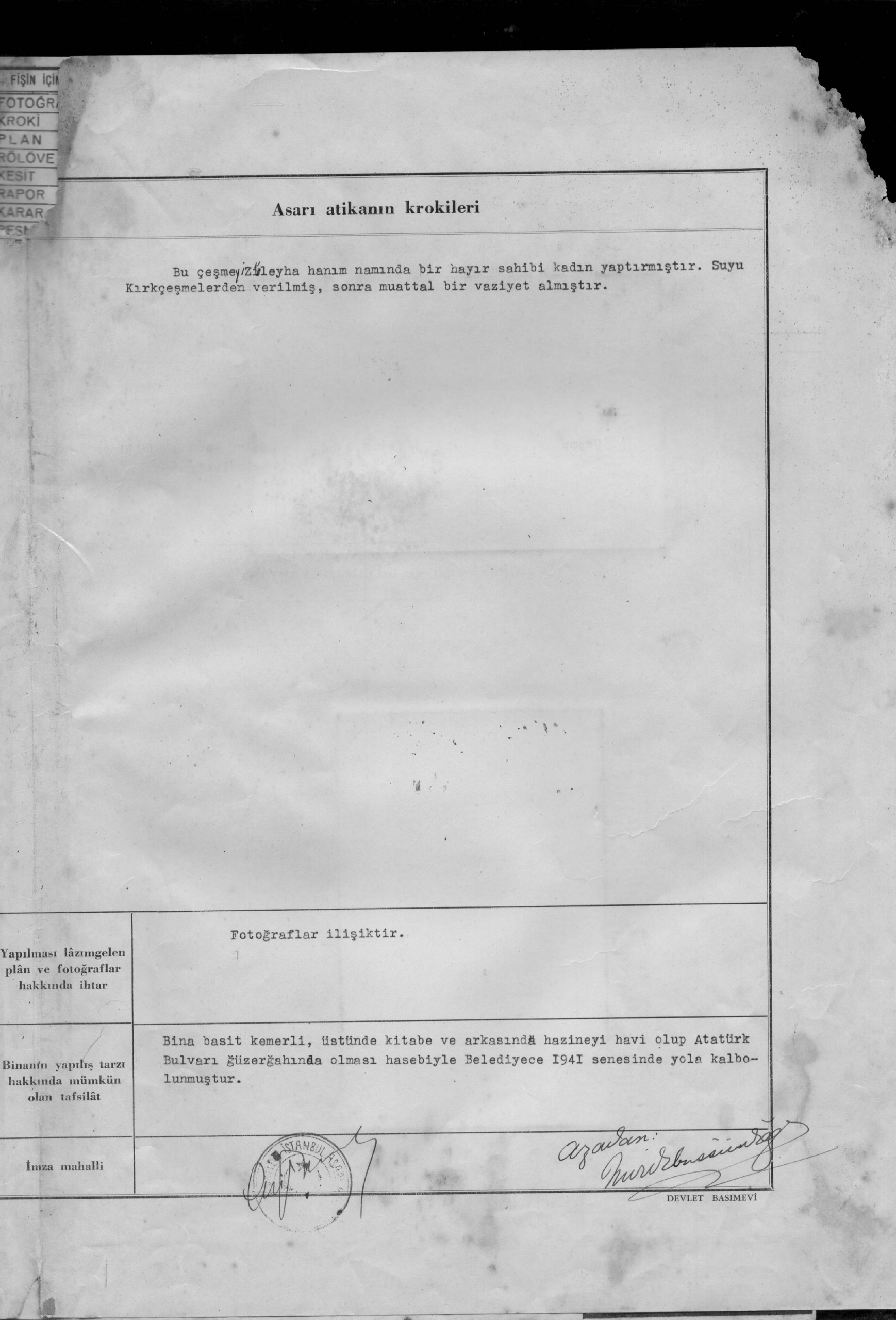 POSTA YOLU ÇEŞMESİ,ZÜLEYHA HANIM ÇEŞMESİ — Belge