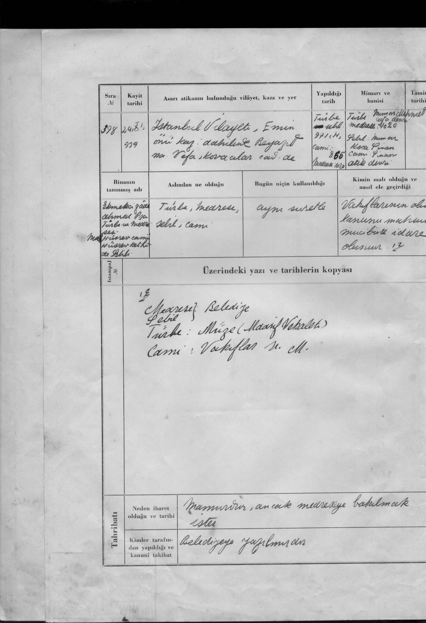 EKMEKÇİZADE AHMET PAŞA TÜRBE VE MEDRESESİ — Belge