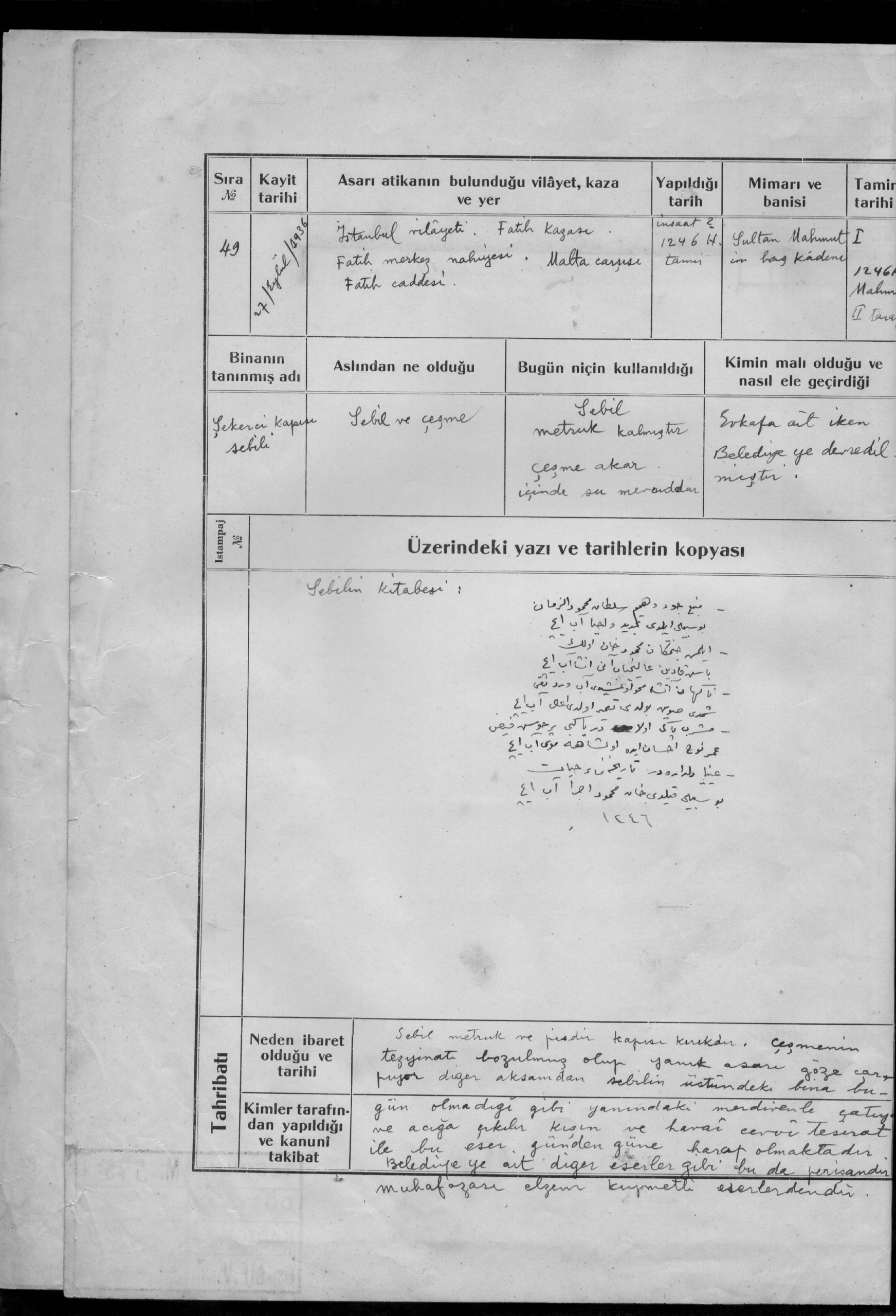 ŞEKERCİ KAPISI ŞEBİLİ — Belge