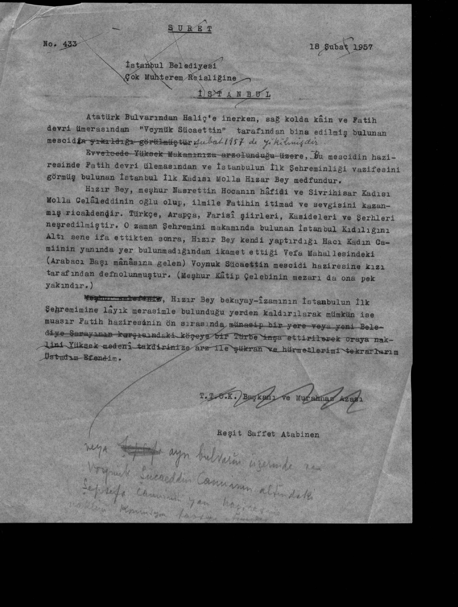 VOYNUK SÜCAETTİN MESCİDİ VE HIZIR BEY'İN MEZARI — Belge