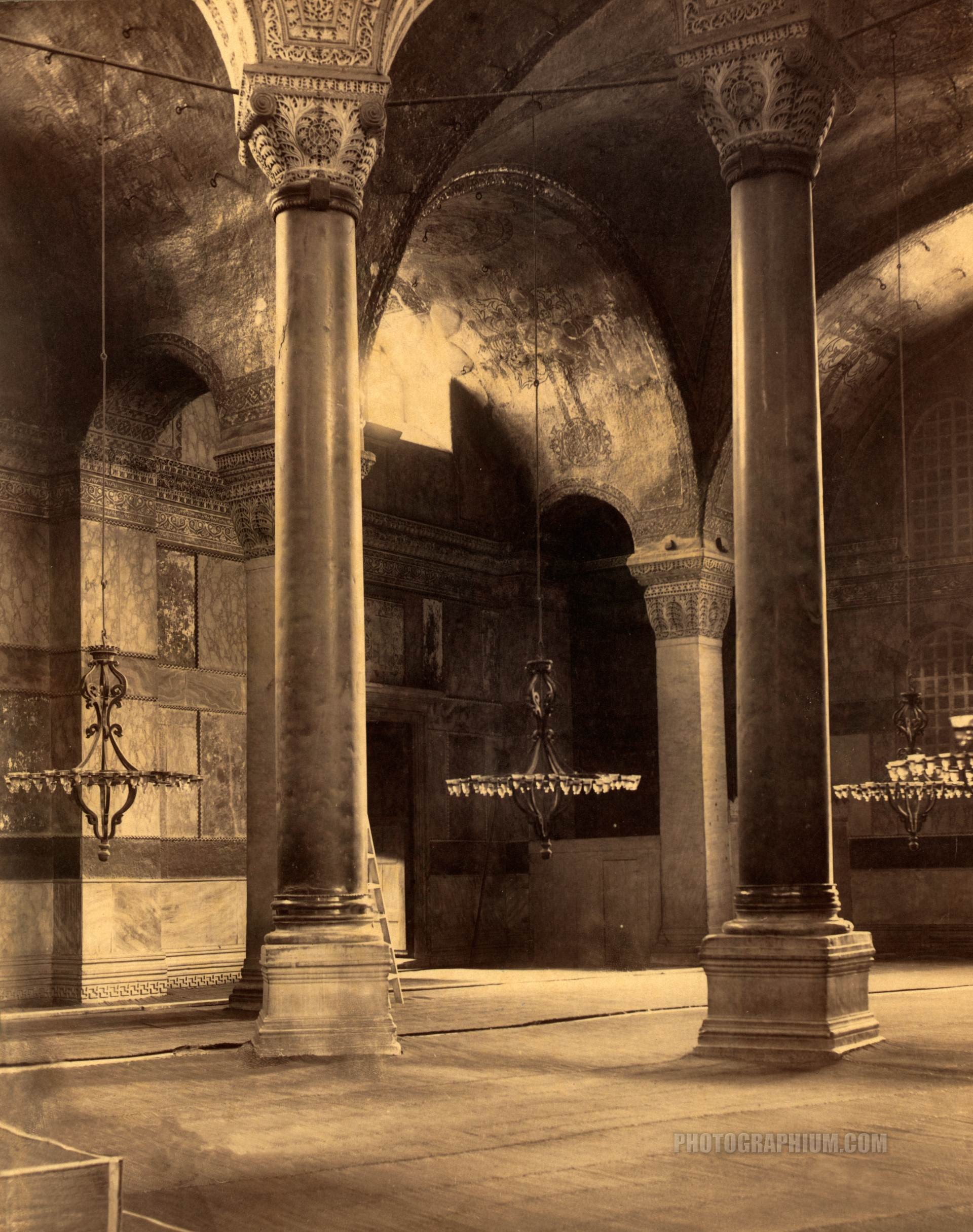 arcade inside mosque of st. sophia formerly the church of hagia sophia. istanbul. 1888-1910