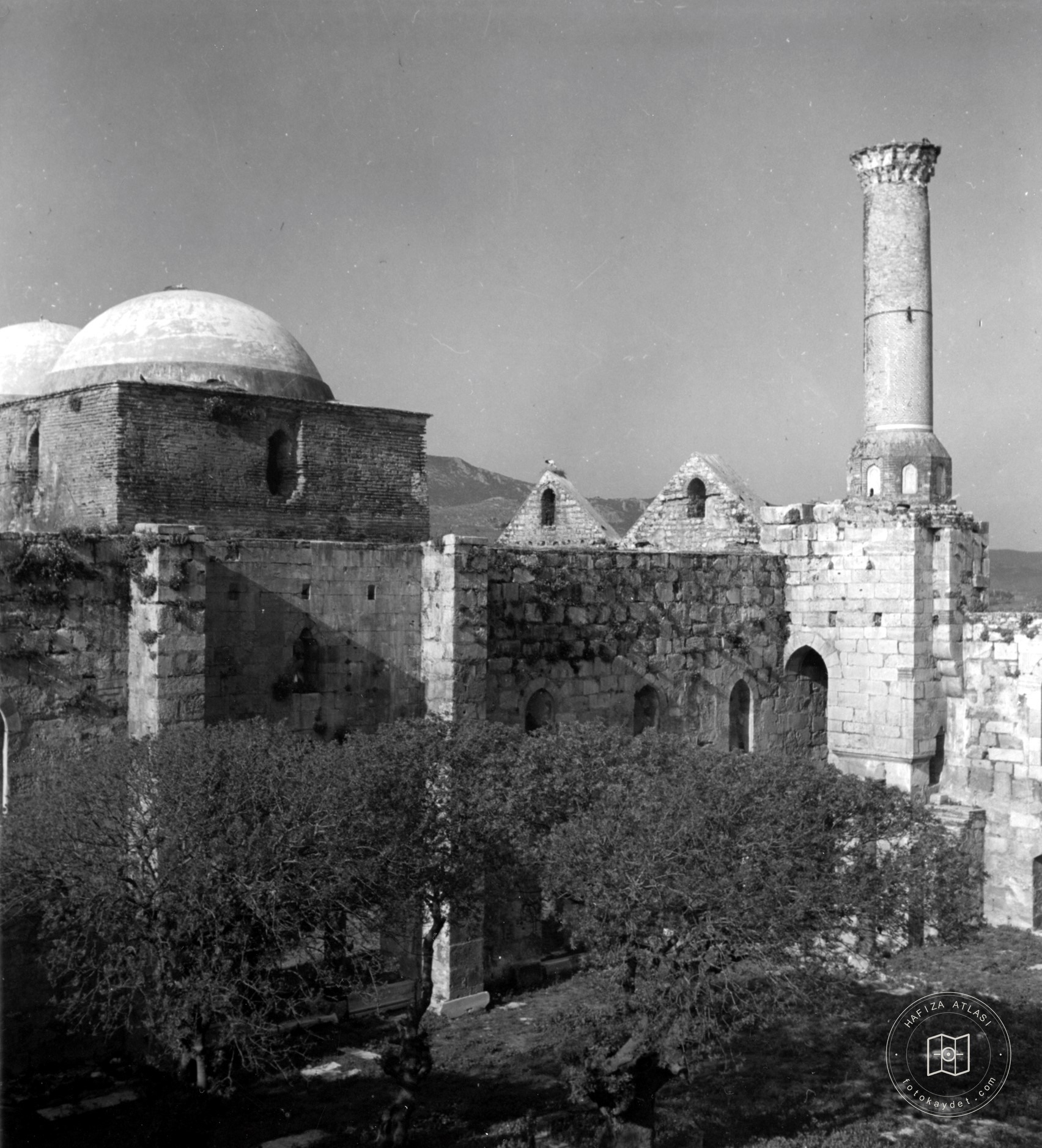 Jesus Bey Mosque Avlu, Minaret and Two Domes View