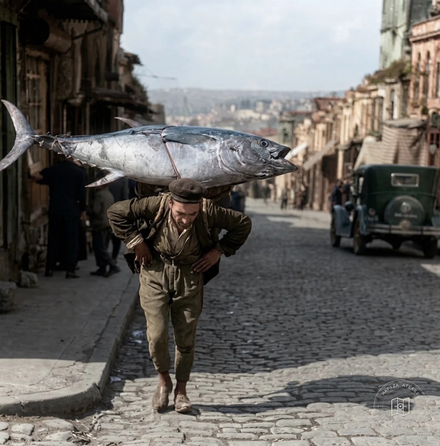 A porter carrying a tuna in Akaretler, 1933