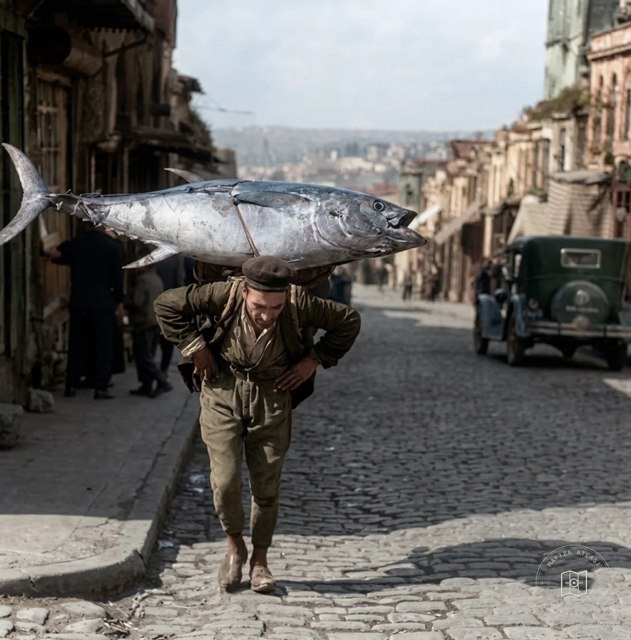 A porter carrying a tuna in Akaretler, 1933