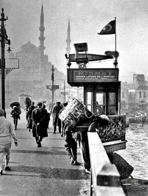 An aviation lottery booth on Galata Bridge, 1930s