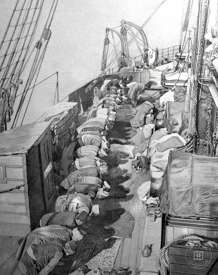 Passengers praying aboard a steamship