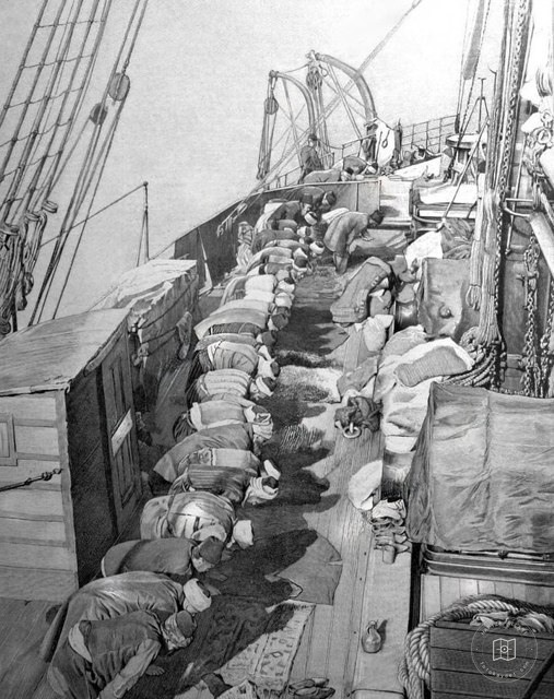 Passengers praying aboard a steamship