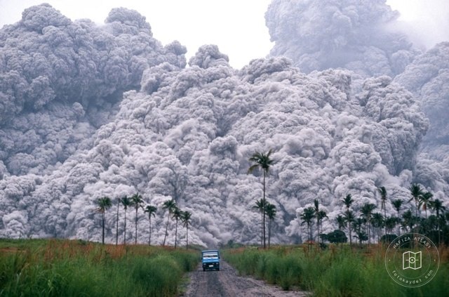 A pickup truck driving away from the Pinatubo eruption, 1991