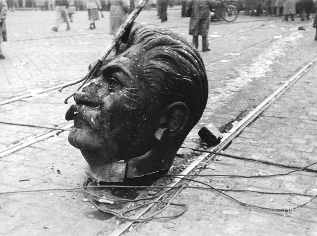 The head of the toppled Stalin statue in Budapest, 1956