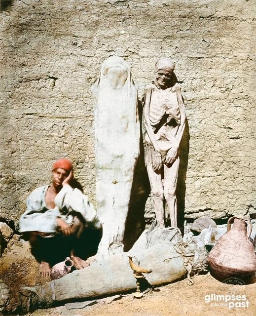 A man selling mummies in Egypt, 1875
