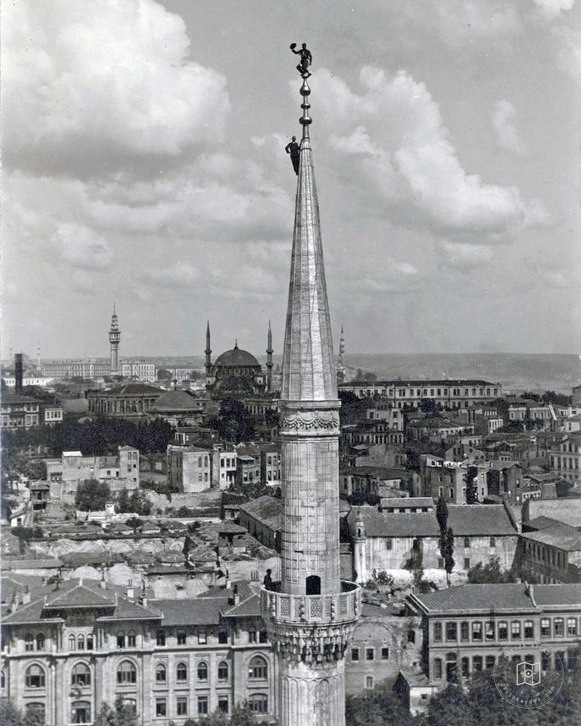 Restoration of a Blue Mosque minaret, 1935