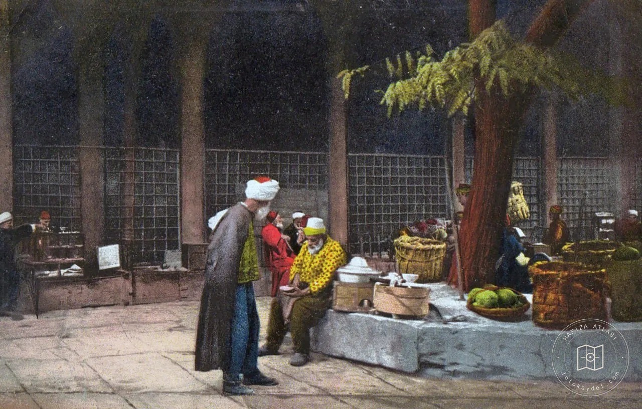 An itinerant vendor in a mosque courtyard in Tophane