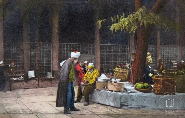 An itinerant vendor in a mosque courtyard in Tophane