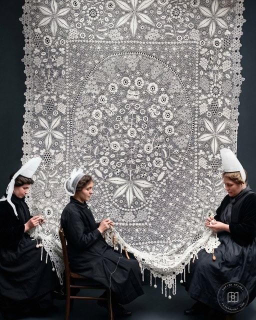 Lace workers in Brittany, around 1921