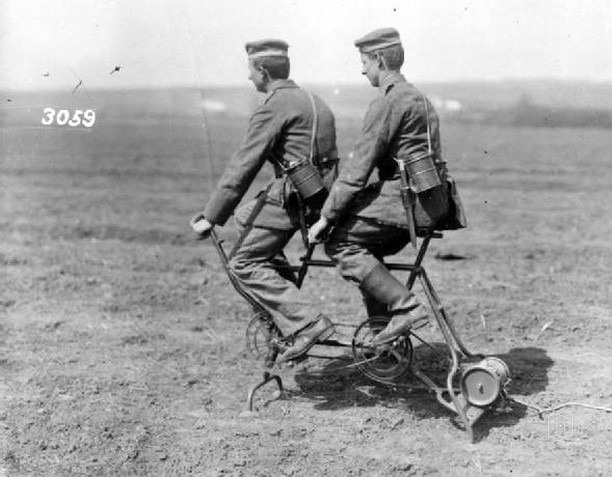 German soldiers generating electricity for a field radio