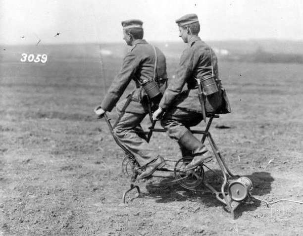 German soldiers generating electricity for a field radio