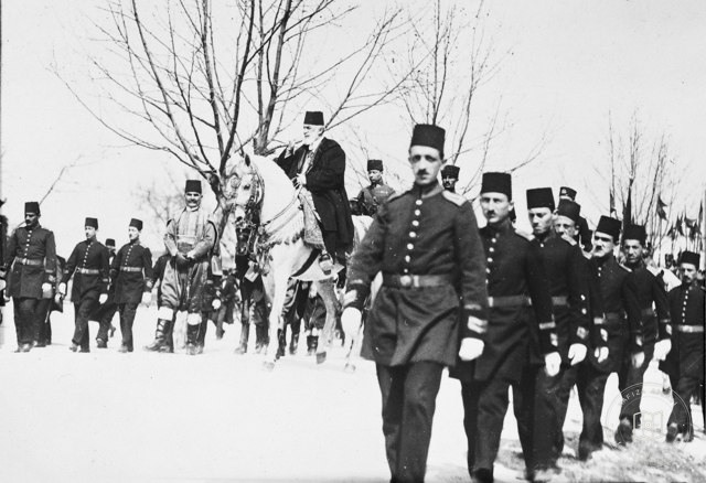 Abdülmecid Efendi greeting a crowd on horseback