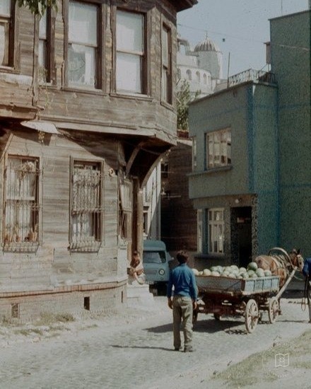 A vendor selling watermelons from a horse cart in Istanbul, 1966