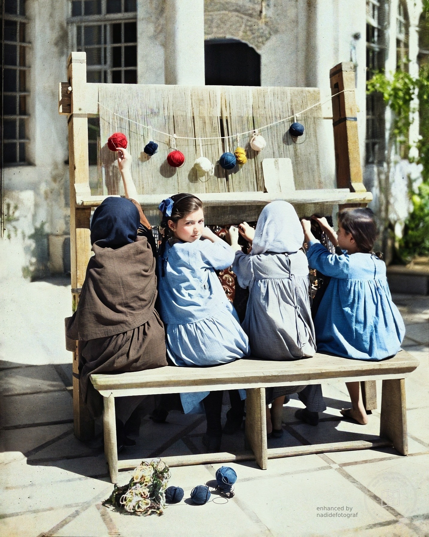 Orphaned girls weaving carpets in Damascus, 1921